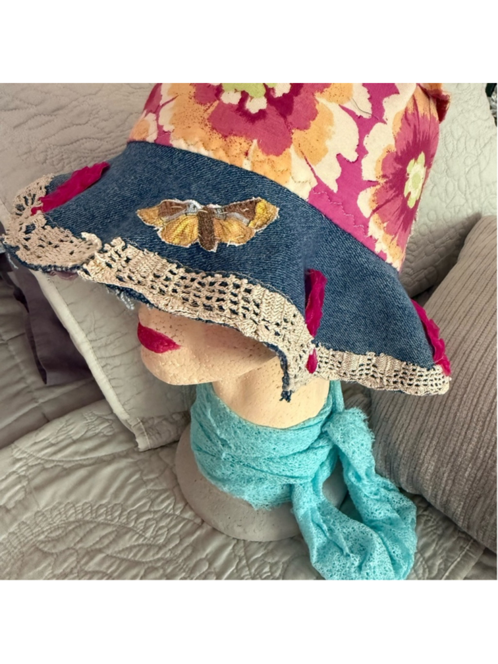 Denim Floral Patchwork Sun Hat One Size